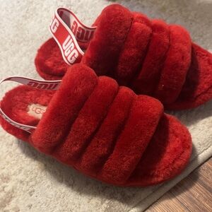 UGG Kids Vibrant Red Fluffy Slippers
